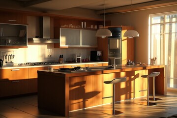 Modern kitchen minimalist decor white walls green cabinets indoor plants open shelving cozy atmosphere