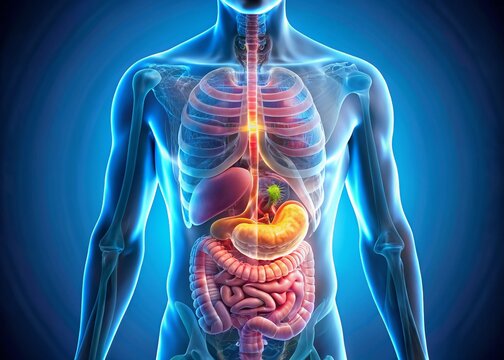 Double Exposure: Human Anatomy Stomach X-Ray & Digestive System Overlay
