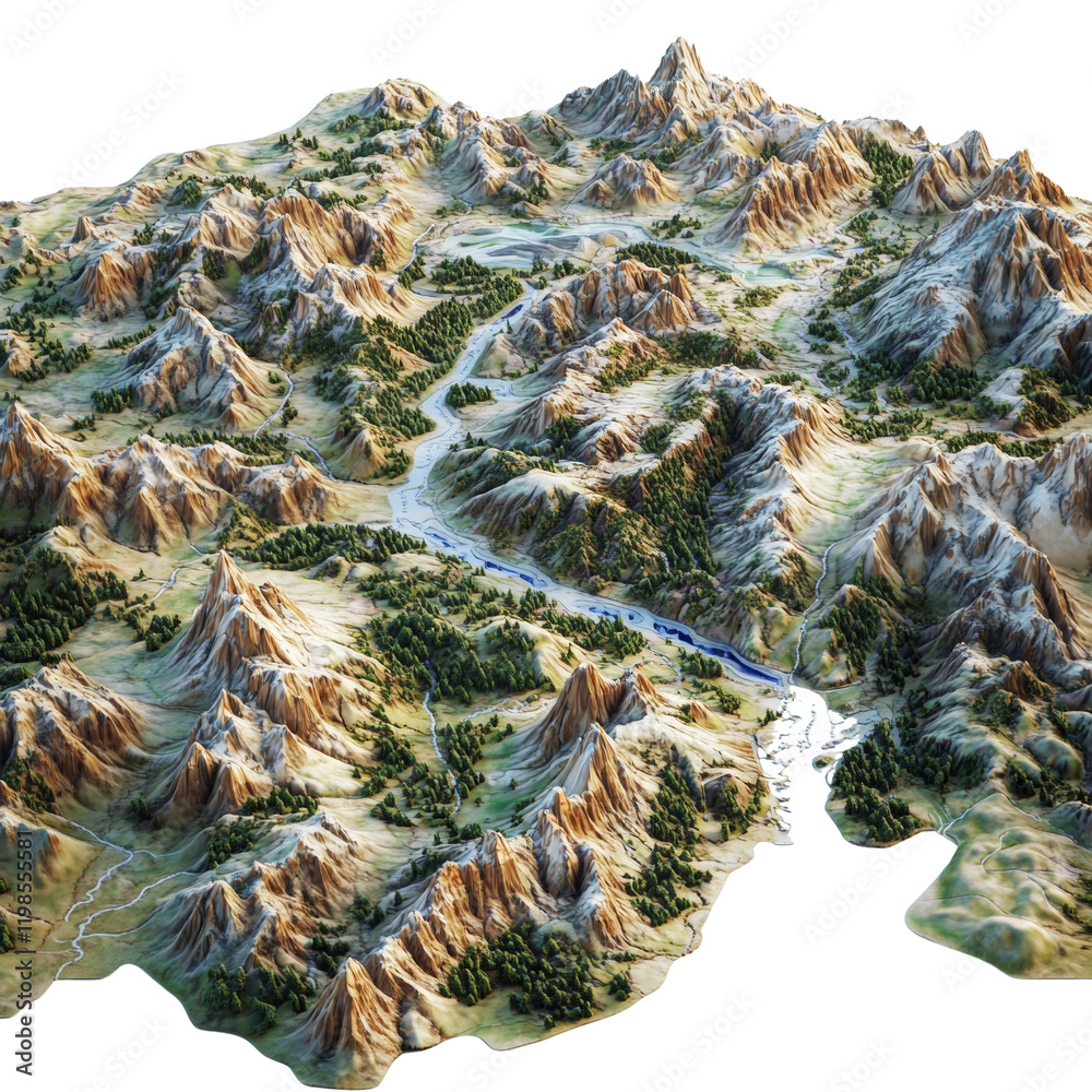 Poster A three dimensional model showcases a detailed mountainous region with a winding river flowing through valleys and forests.