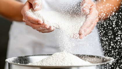 Fototapeta premium Sifting flour into mixing bowl creates light, airy texture essential for baking. fine particles float gracefully, enhancing cooking experience