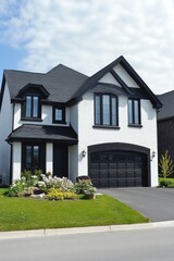 In a picturesque suburban neighborhood on a bright and clear day, you'll find a charming modern house featuring a sleek black roof and a vibrant flower garden that adds a splash of color to the scene