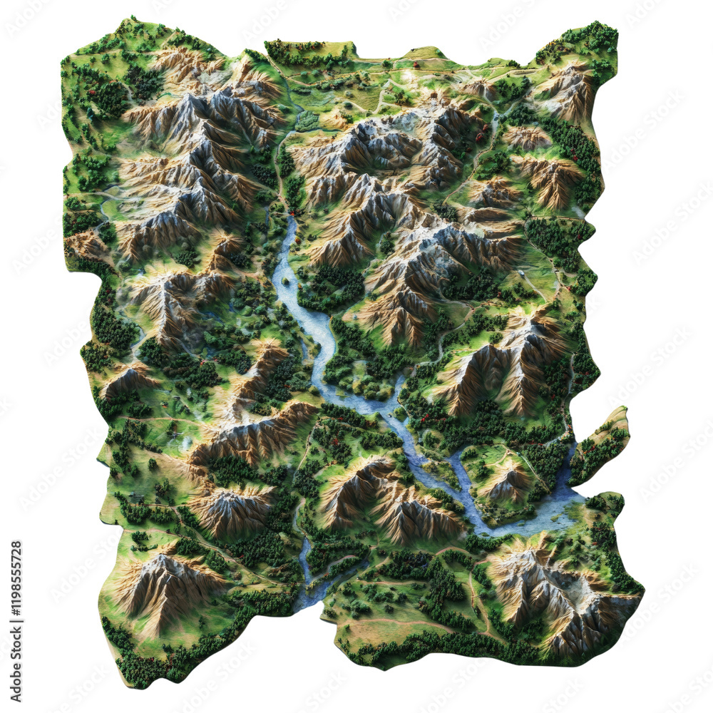 Poster a three dimensional model depicting a mountainous region with winding rivers flowing through verdant