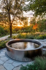 Fototapeta premium As the sun sets, a serene view unfolds over a beautifully reflective water feature, perfectly situated within a peaceful garden landscape