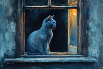 Russian Blue cat in moonlit window elegant portrait composition