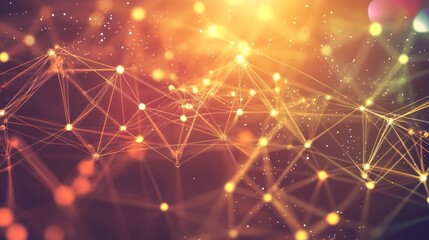 Obraz premium Abstract Network Connections: Golden Nodes and Lines in a Dark Background