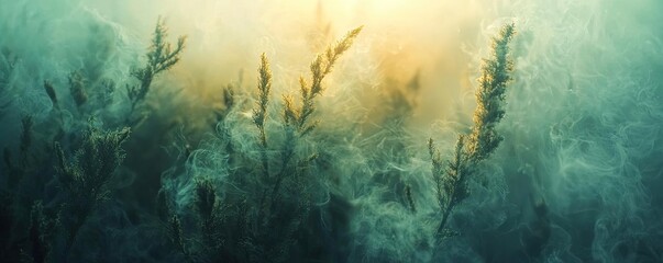 Obraz premium Dust pollution concept. A serene underwater scene showcasing vibrant aquatic plants in soft, mystical light.