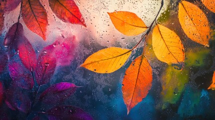 Colorful autumn leaves on a rain-streaked windowpane.