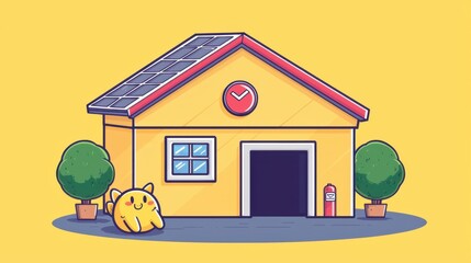 Solar-powered house with cute cat bright environment digital illustration whimsical style fun concept for eco-friendly living