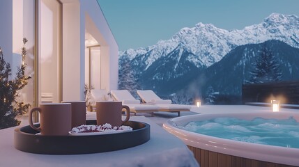 Naklejka na ściany i meble A luxurious spa retreat setting, hot cocoa mugs on a tray next to a bubbling hot tub, snow-covered mountains in the background, soft evening lighting, a relaxing and indulgent winter vibe