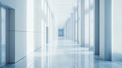 Obraz premium Bright, modern hallway with white walls, marble floor, and sunlight streaming through windows.