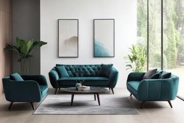 Modern living room minimalistic design gray sofa with orange and brown cushions light wooden coffee table decorative vases