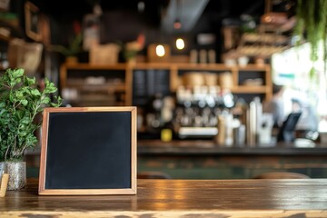 Obraz premium Empty black menu board on wooden counter in coffee shop.