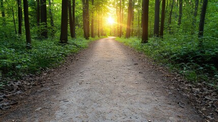 Fototapeta premium Sunlit forest path, summer evening walk, nature trail, tranquility