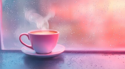 Fototapeta premium Steaming coffee cup on windowsill, rain outside, pastel colors.