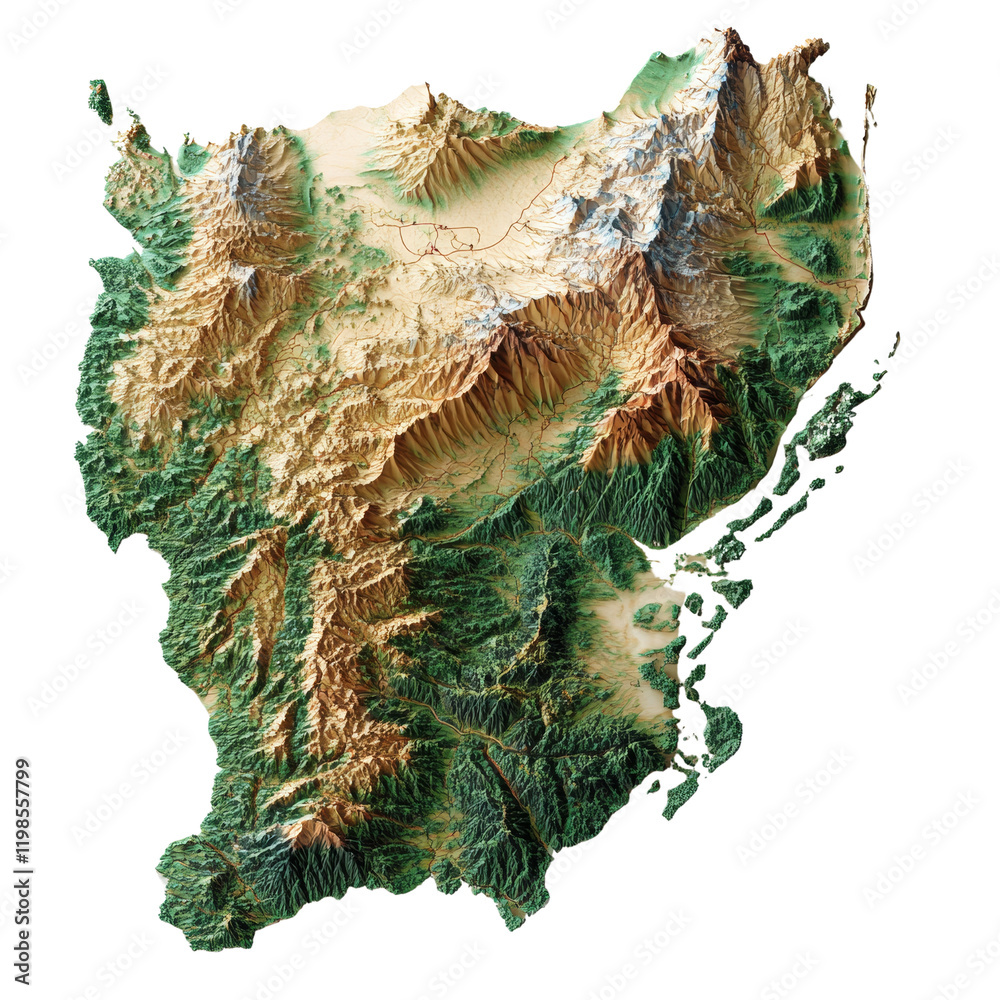 Poster a detailed three dimensional topographic map showcasing luzon island in the philippines, highlightin