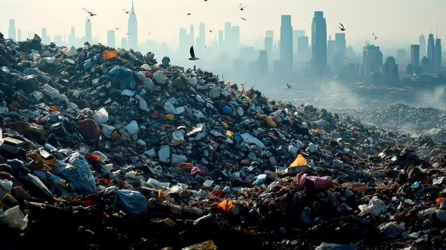 Giant piles of rubbish loom over the blurry cityscape, birds take flight.