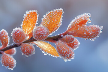 A detailed macro shot of melting snow on a budding plant, with glistening ice crystals and water droplets in focus, signaling the arrival of spring.