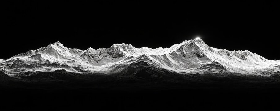 Monochrome mountain range landscape at night with a glowing peak.