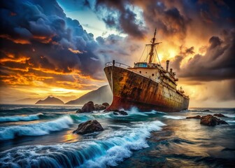 Dramatic Ocean Landscape: Sunken Shipwreck Remains & Misty Horizon