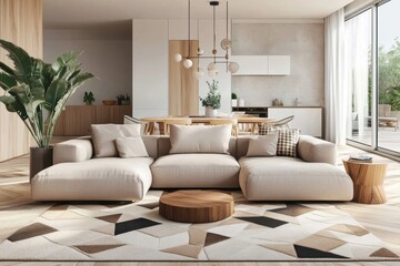 Modern minimalist living roombeige sectional sofa, geometric rug wooden side tables indoor plant open dining area, soft lighting