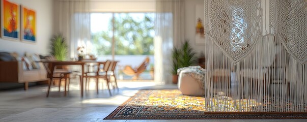 Dining room interior concept. Bright and cozy interior with modern decor and natural light, perfect for relaxation.