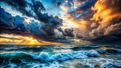 Fototapeta premium Dramatic Stormy Sky Over Ocean, Coastal Landscape, Dark Clouds, Seascape, Nature Photography