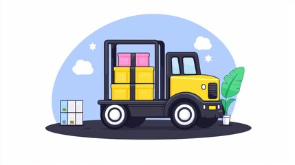 Naklejka premium Delivery truck transporting goods in urban environment digital illustration vibrant colors modern design