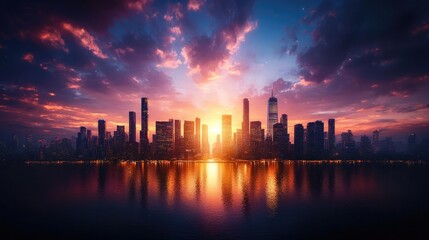 Obraz premium Cityscape sunrise, waterfront reflection, vibrant sky, urban scene, website header