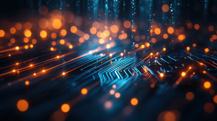 Abstract circuit board with glowing lights and digital patterns.