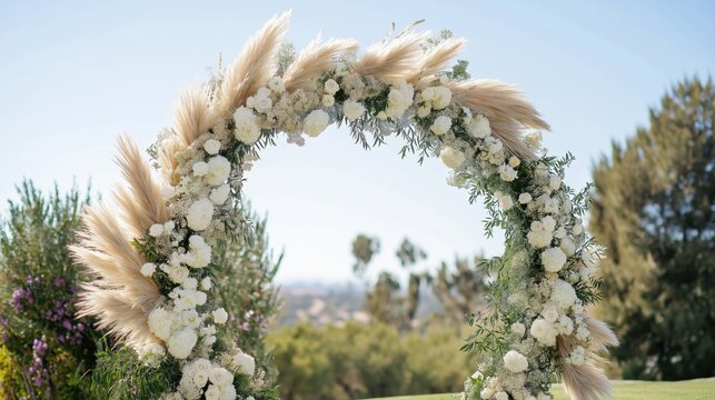 Circular wedding ceremony arch adorned with pampas grass and white flowers