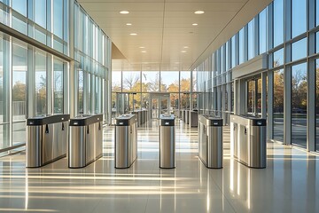 Modern office building entrance gates, security turnstiles.