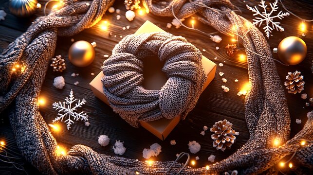 A collection of scarves and mittens wrapped around a holiday gift box, surrounded by ornaments and snowflakes, warm fairy lights creating a soft glow, festive and joyful seasonal vibes