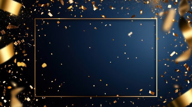 Dark blue background with gold confetti and a golden frame, ideal for celebratory designs.