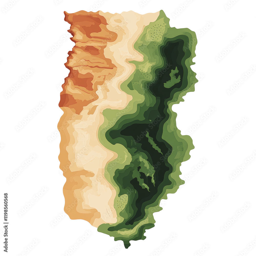 Poster an abstract artistic representation of a landscape showing diverse terrain features in shades of gre