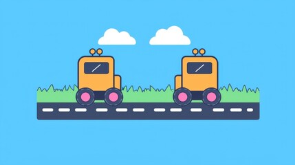 Naklejka premium Cute construction trucks driving on a road playful animation bright sky digital art children’s learning concept