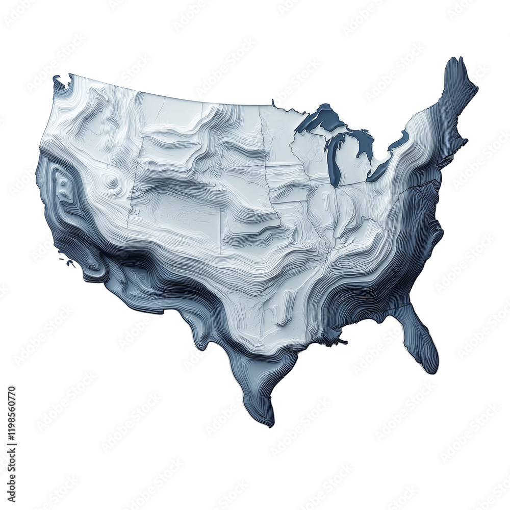 Poster A three-dimensional topographic map of the United States showing layered contour lines depicting elevation changes.
