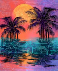 Tropical sunset with palm trees and futuristic circuit board reflection in water.