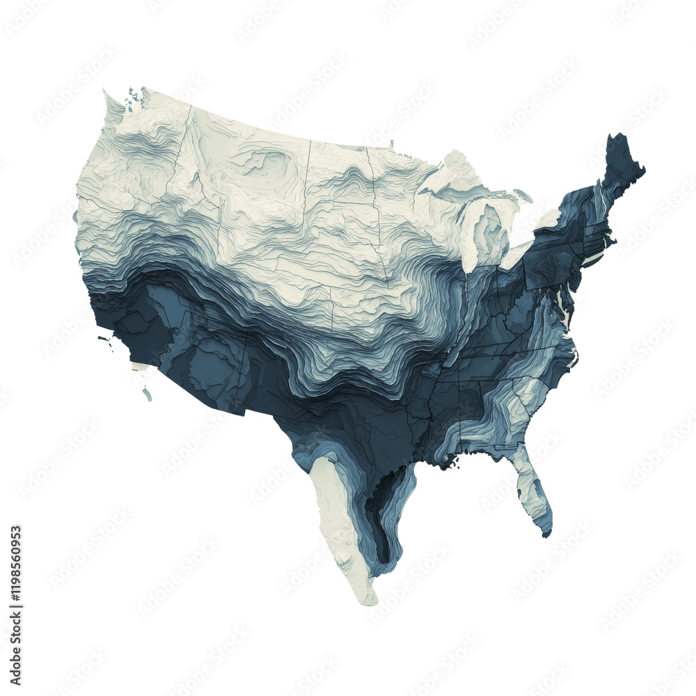 Poster a three dimensional topographical map of the united states showcasing its varied terrain and elevati