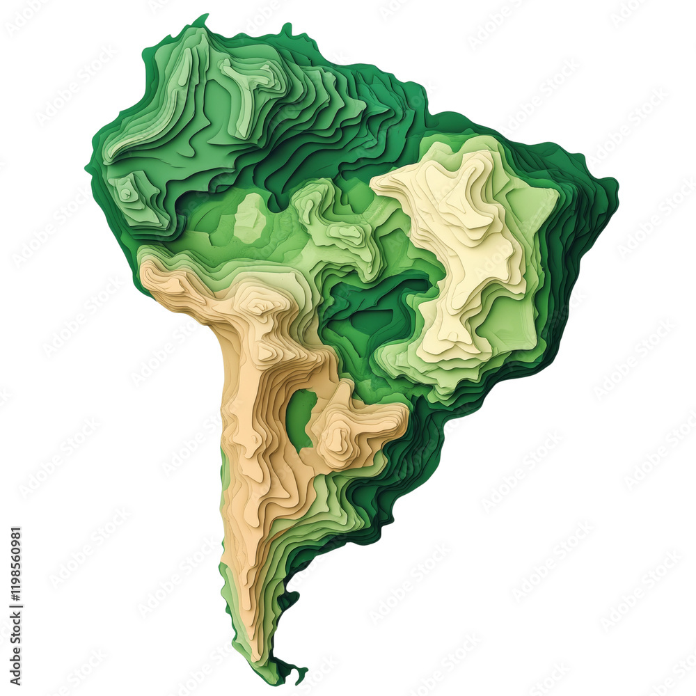 Aufkleber a stylized three dimensional topographic map of south america using layered paper cut-out style show