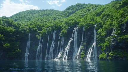 Fototapeta premium Serene Multiple Waterfalls Cascading into a Tranquil Lake Surrounded by Lush Green Foliage