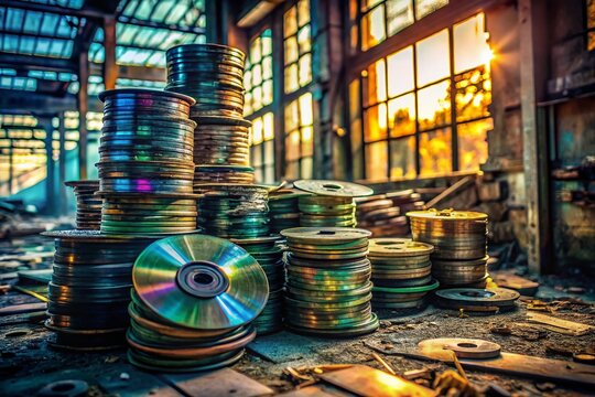 Dusty Retro Tech: Stacks of Vintage CDs and Audio Tapes in Abandoned Urban Space