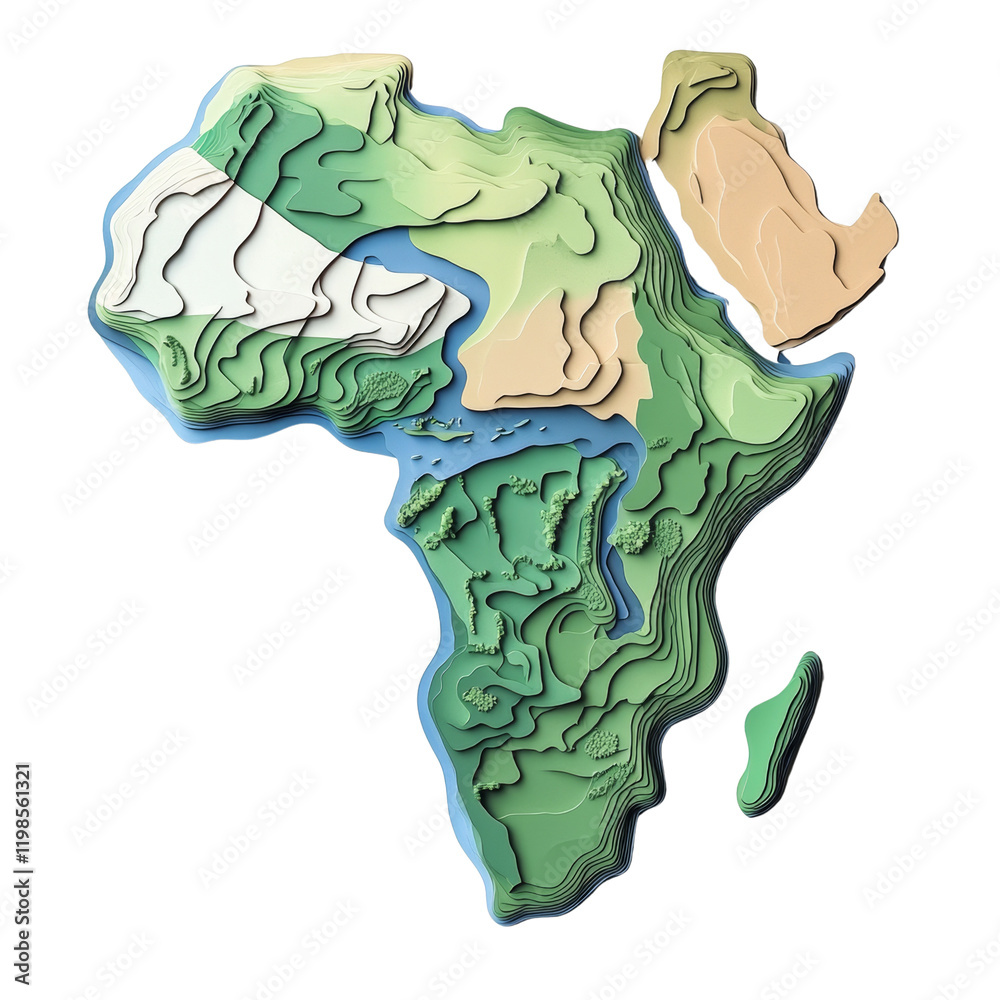 Poster a stylized papercraft model of africa shows its diverse topography using layered colors and shapes.