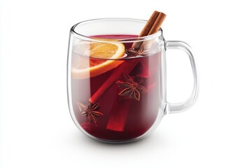 A clear glass mug filled with warm mulled wine, garnished with a slice of orange