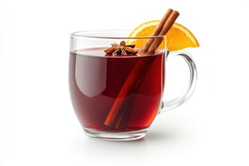 A clear glass mug filled with warm mulled wine, garnished with a slice of orange