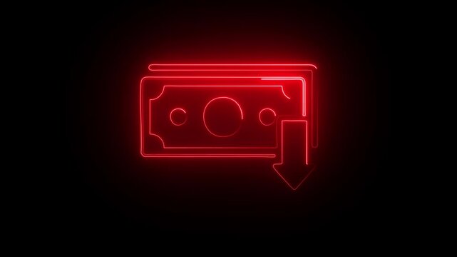   Neon line dollar rate decrease icon. Money symbol with down arrow. Business lost crisis decrease. 