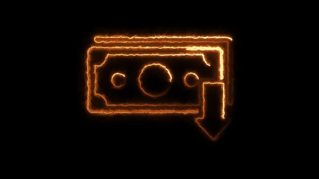   Neon line dollar rate decrease icon. Money symbol with down arrow. Business lost crisis decrease. 