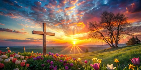 Easter Sunrise: Wooden Cross with Spring Flowers