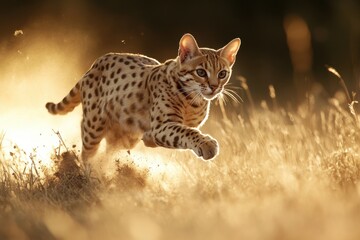 Obraz premium Wild Savannah Cat Running in African Sunlight