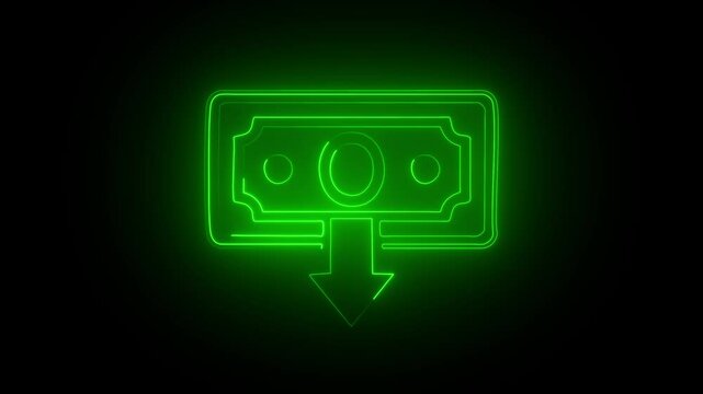   Neon line dollar rate decrease icon. Money symbol with down arrow. Business lost crisis decrease. 