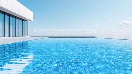 Fototapeta premium stunning infinity pool reflects clear blue sky, creating serene atmosphere. modern villa sleek design complements tranquil waters, perfect for relaxation